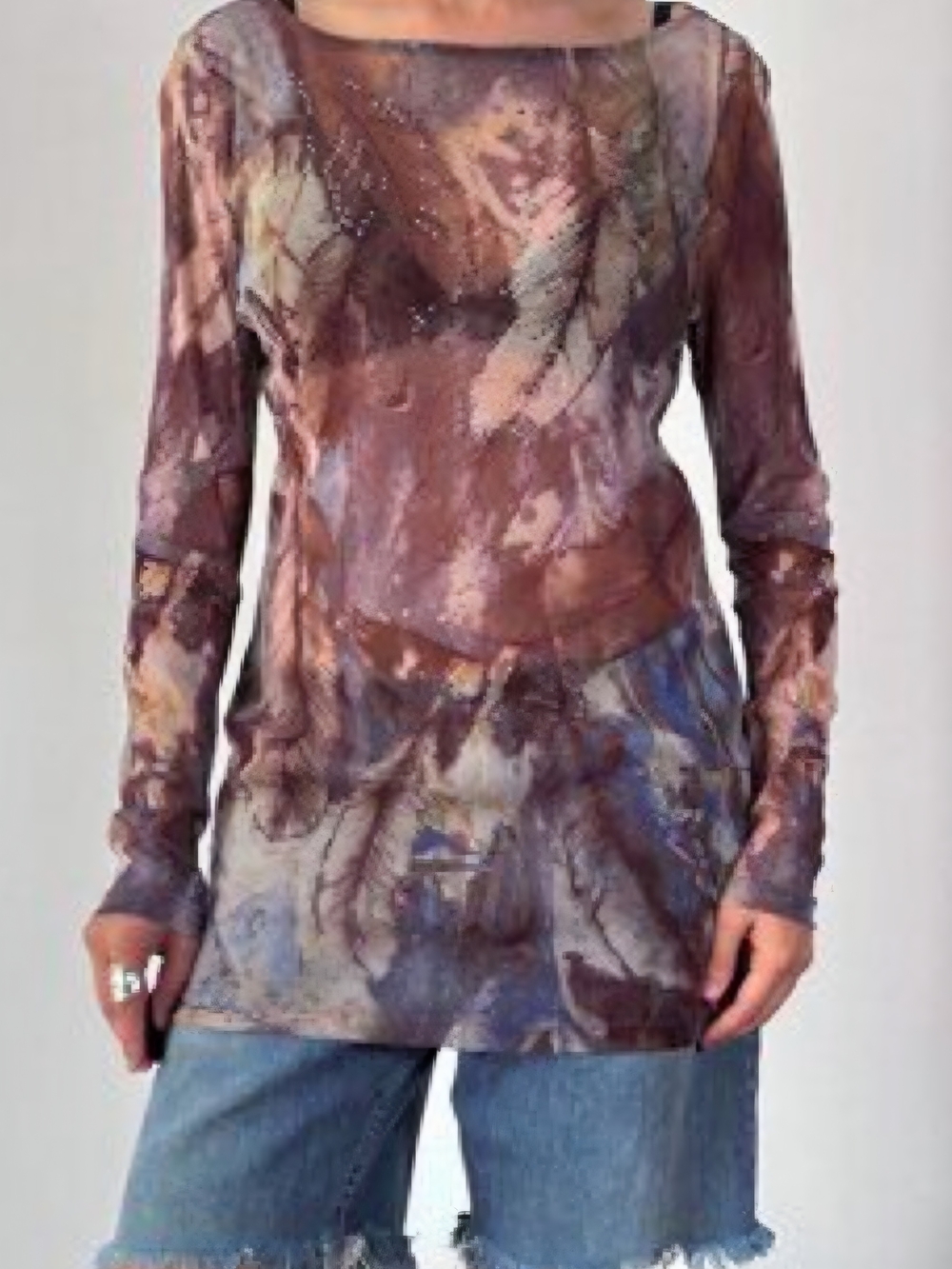 Tribal Brown Multi Sheer Marbled Long Sleeve Top